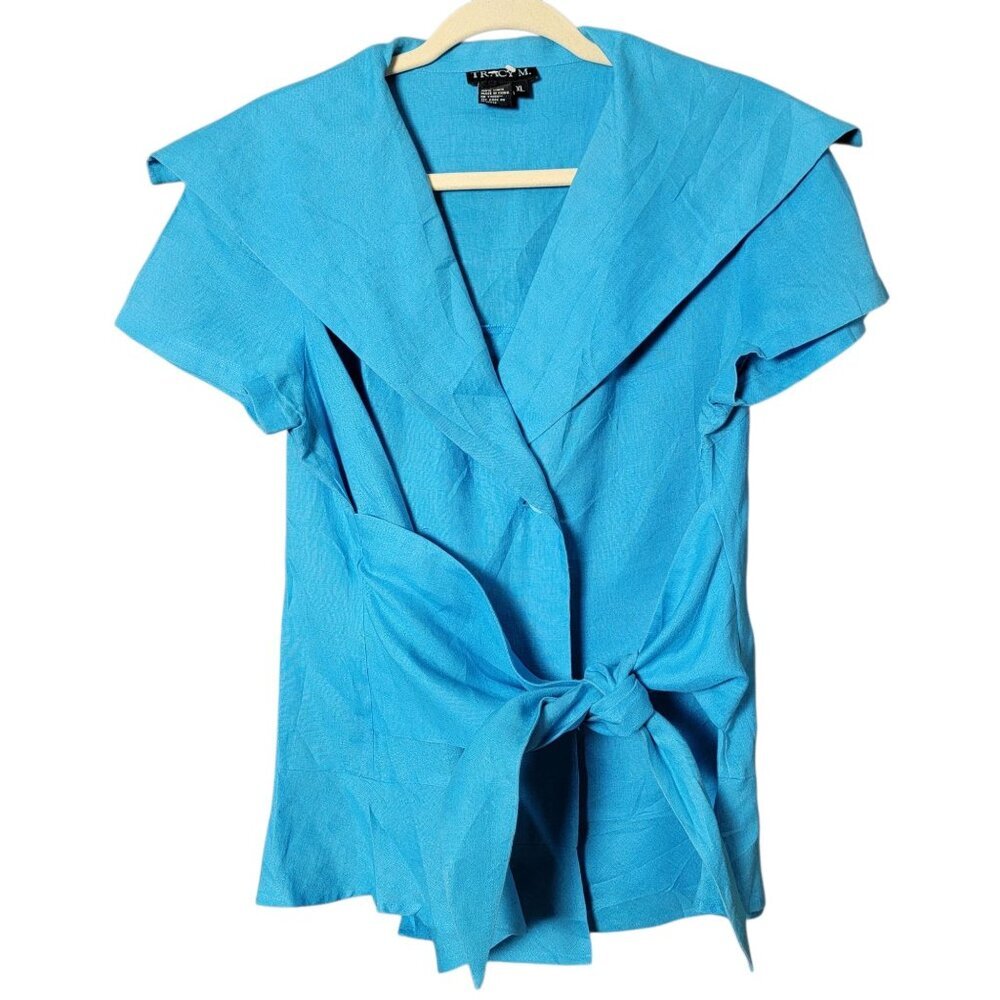 Tracy M Womens Aqua 100% Short Sleeve Front Tie Linen Wrap Blouse XL Work Office